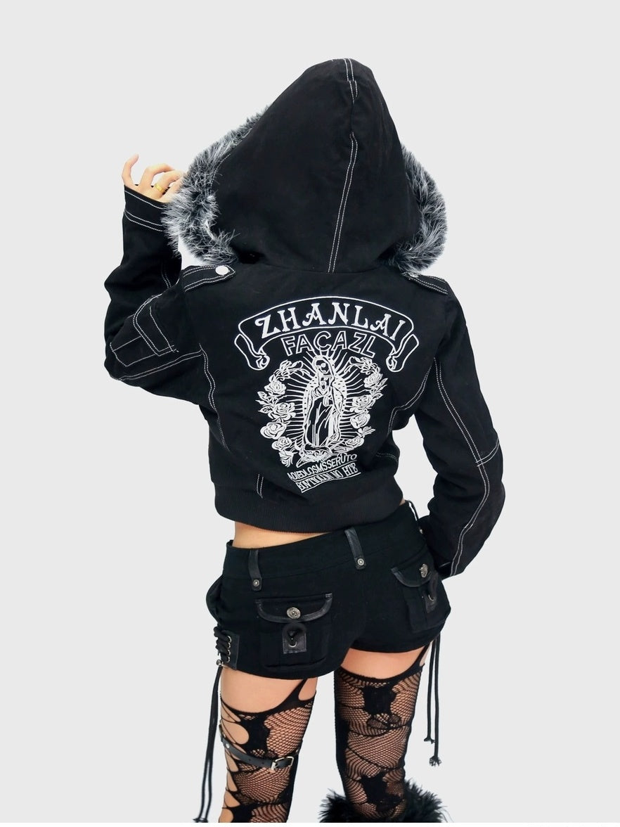 NANAICHILLI Detachable Fur Slim Gothic Hooded Black Cotton Patch Pocket Women Utility Jacket