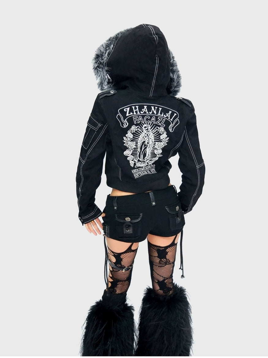 NANAICHILLI Detachable Fur Slim Gothic Hooded Black Cotton Patch Pocket Women Utility Jacket
