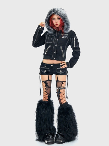 NANAICHILLI Detachable Fur Slim Gothic Hooded Black Cotton Patch Pocket Women Utility Jacket