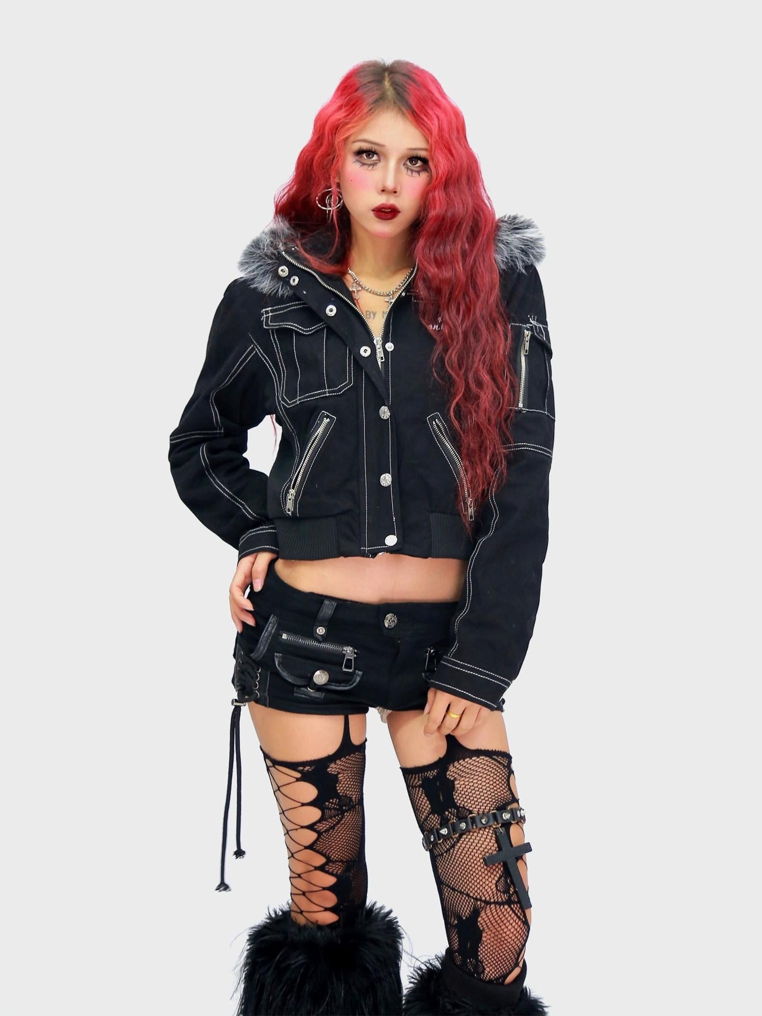 NANAICHILLI Detachable Fur Slim Gothic Hooded Black Cotton Patch Pocket Women Utility Jacket
