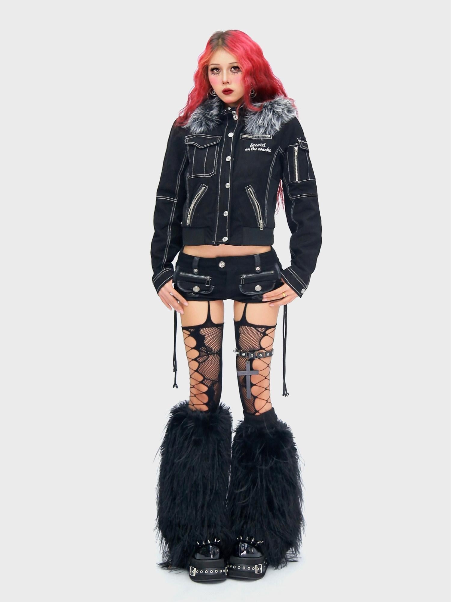 NANAICHILLI Detachable Fur Slim Gothic Hooded Black Cotton Patch Pocket Women Utility Jacket