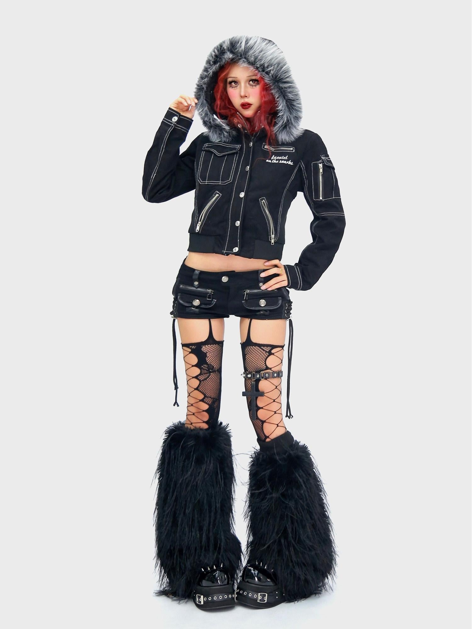 NANAICHILLI Detachable Fur Slim Gothic Hooded Black Cotton Patch Pocket Women Utility Jacket