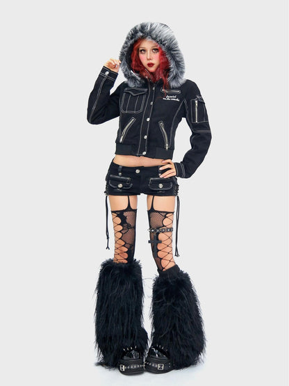 NANAICHILLI Detachable Fur Slim Gothic Hooded Black Cotton Patch Pocket Women Utility Jacket