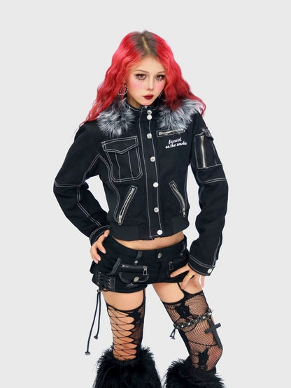 NANAICHILLI Detachable Fur Slim Gothic Hooded Black Cotton Patch Pocket Women Utility Jacket