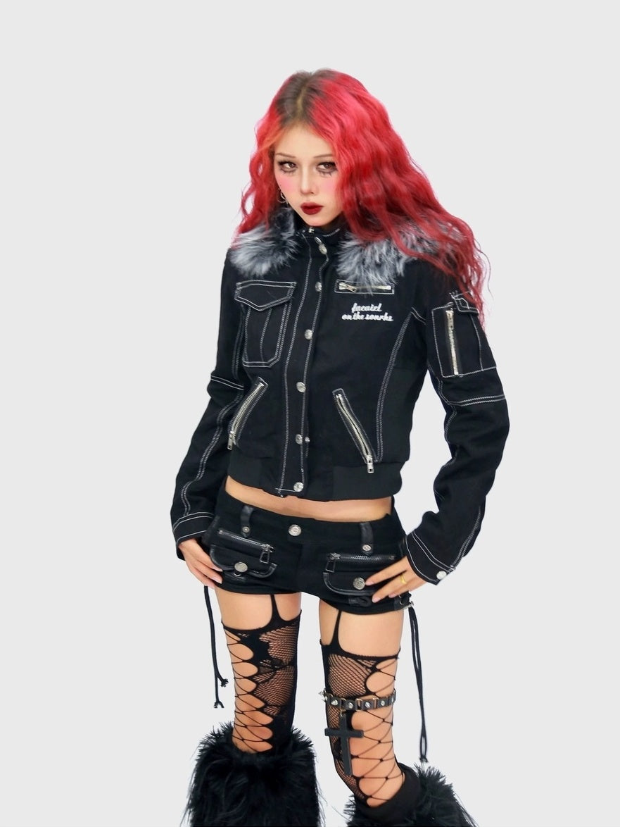 NANAICHILLI Detachable Fur Slim Gothic Hooded Black Cotton Patch Pocket Women Utility Jacket