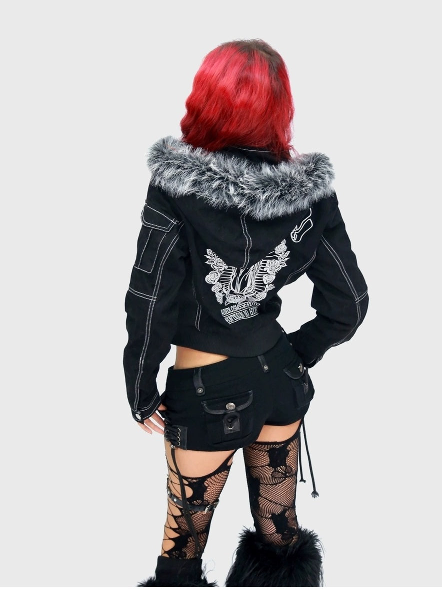 NANAICHILLI Detachable Fur Slim Gothic Hooded Black Cotton Patch Pocket Women Utility Jacket