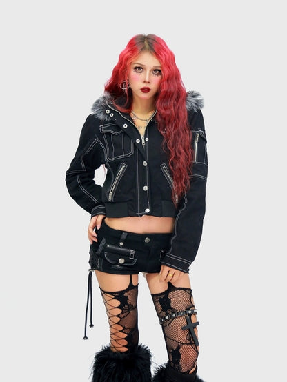 NANAICHILLI Detachable Fur Slim Gothic Hooded Black Cotton Patch Pocket Women Utility Jacket
