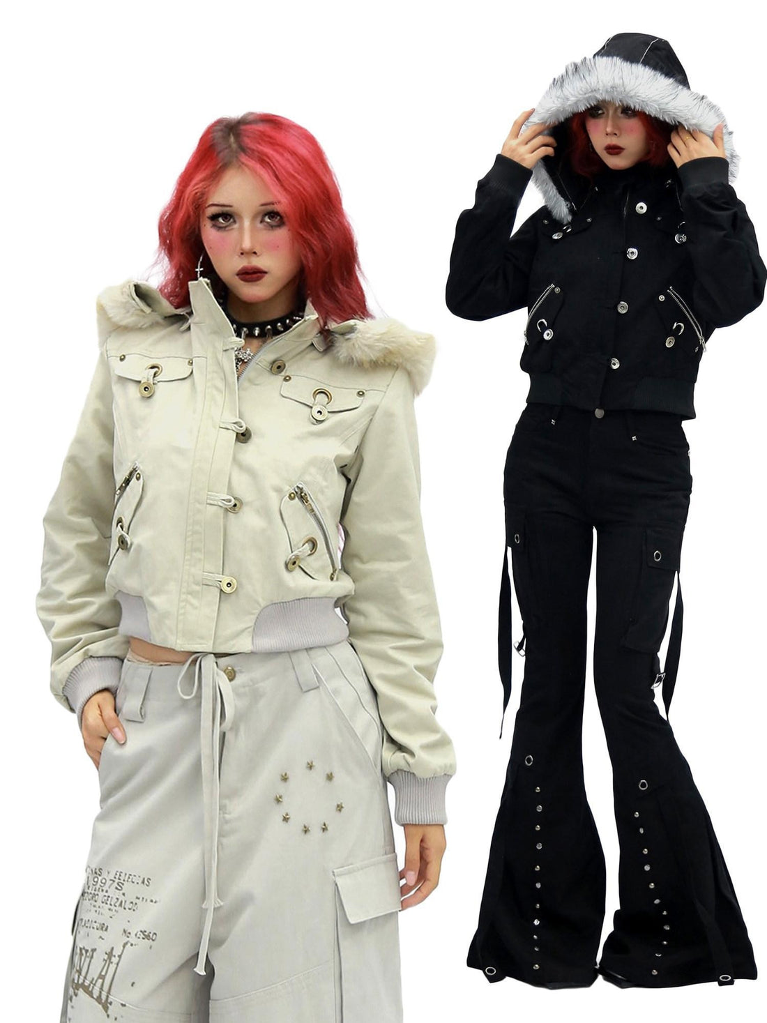 NANAICHILLI Detachable Hood Cropped Cotton Button Front Edgy Sexy Dark Night Utility Jacket