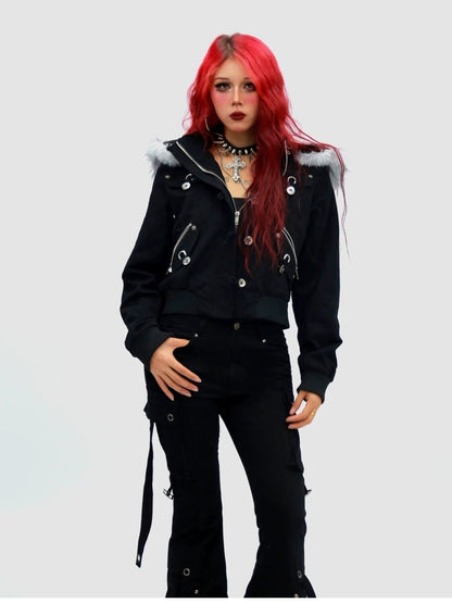 NANAICHILLI Detachable Hood Cropped Cotton Button Front Edgy Sexy Dark Night Utility Jacket
