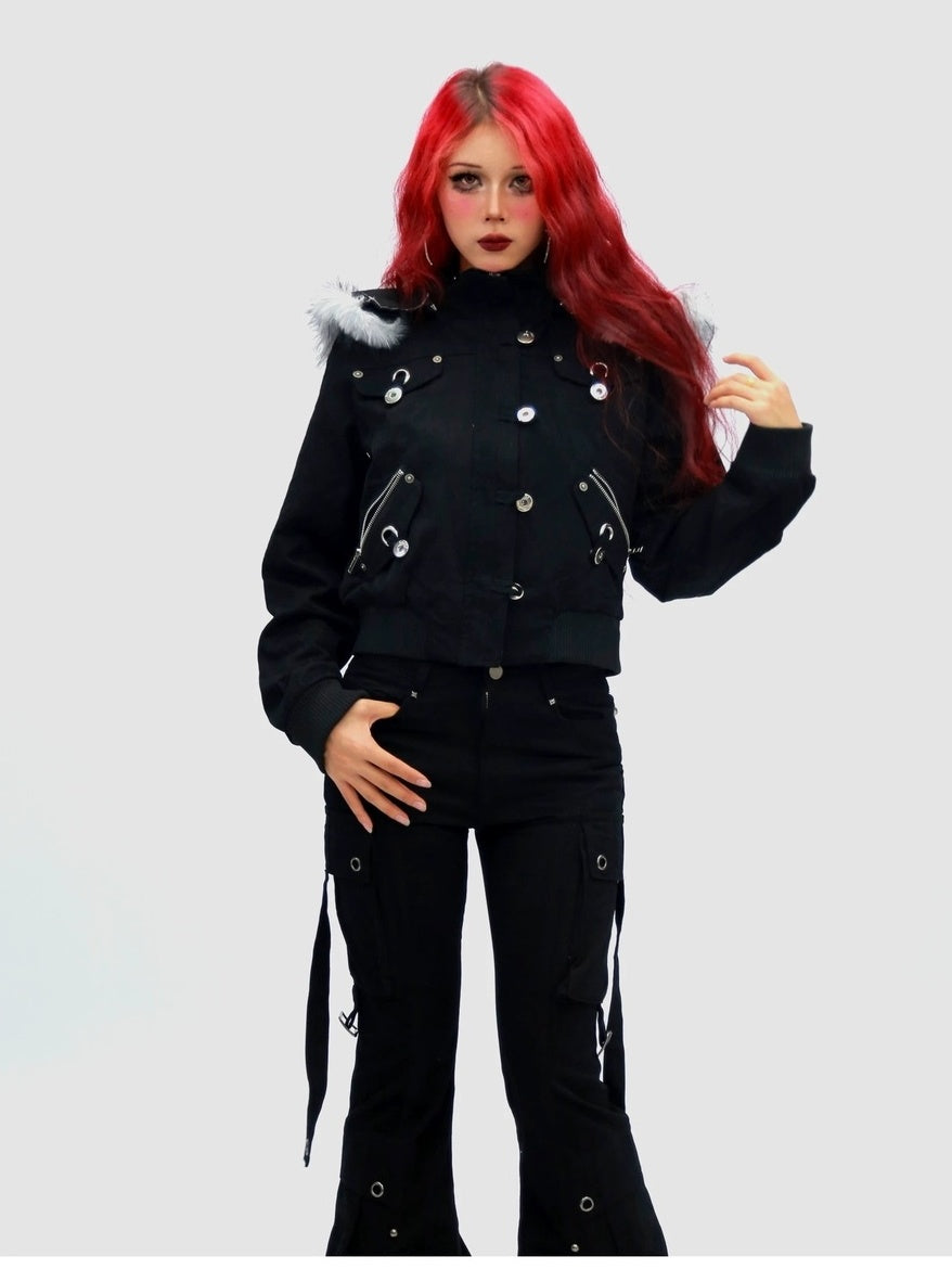 NANAICHILLI Detachable Hood Cropped Cotton Button Front Edgy Sexy Dark Night Utility Jacket