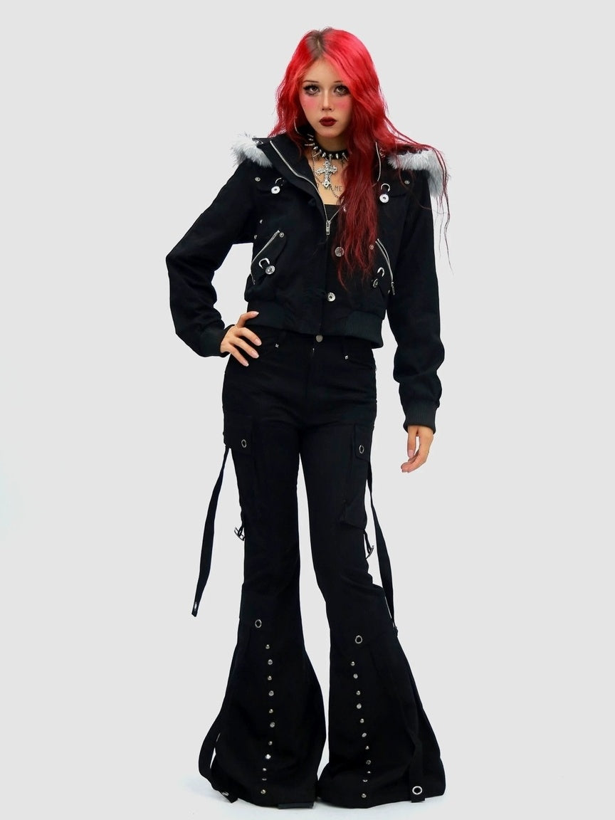 NANAICHILLI Detachable Hood Cropped Cotton Button Front Edgy Sexy Dark Night Utility Jacket