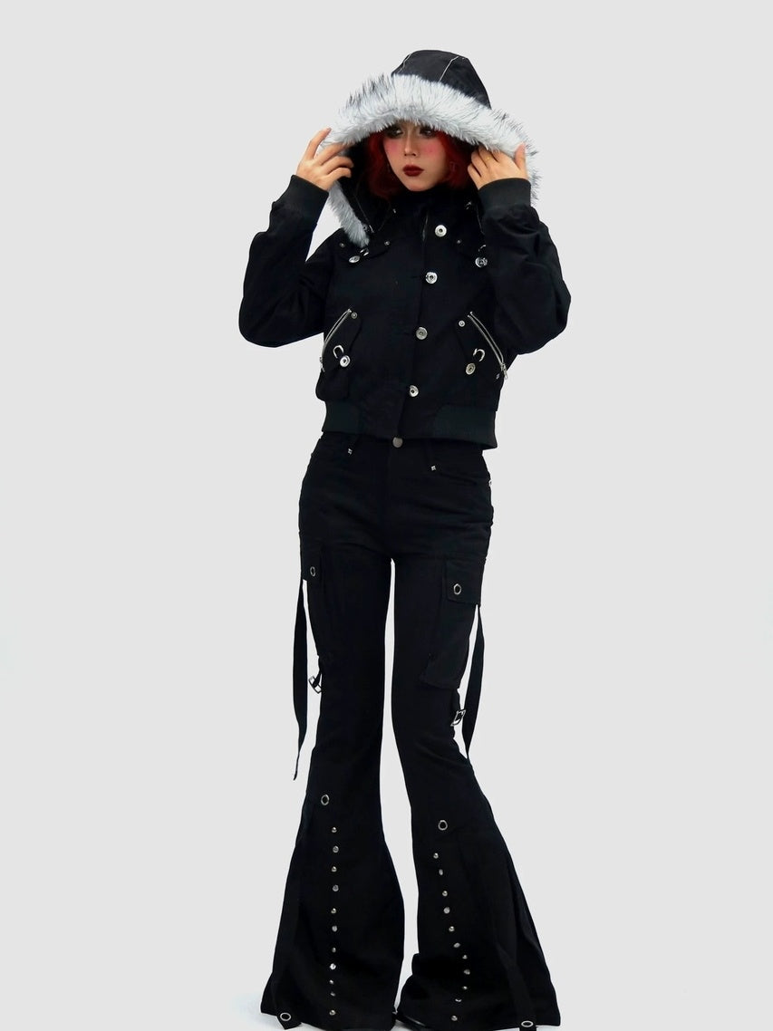 NANAICHILLI Detachable Hood Cropped Cotton Button Front Edgy Sexy Dark Night Utility Jacket