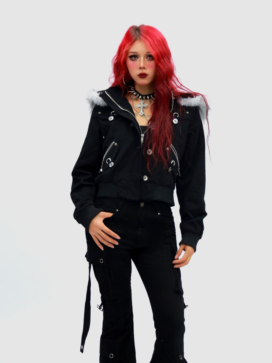 NANAICHILLI Detachable Hood Cropped Cotton Button Front Edgy Sexy Dark Night Utility Jacket
