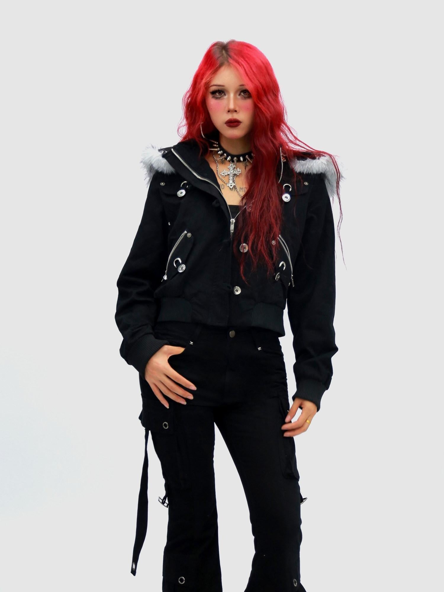 NANAICHILLI Detachable Hood Cropped Cotton Button Front Edgy Sexy Dark Night Utility Jacket