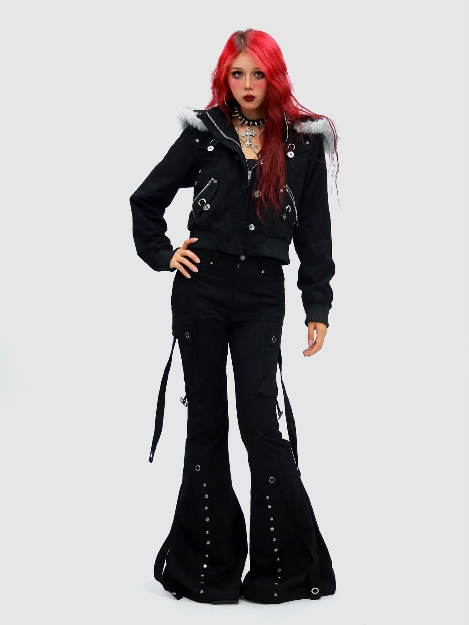 NANAICHILLI Detachable Hood Cropped Cotton Button Front Edgy Sexy Dark Night Utility Jacket