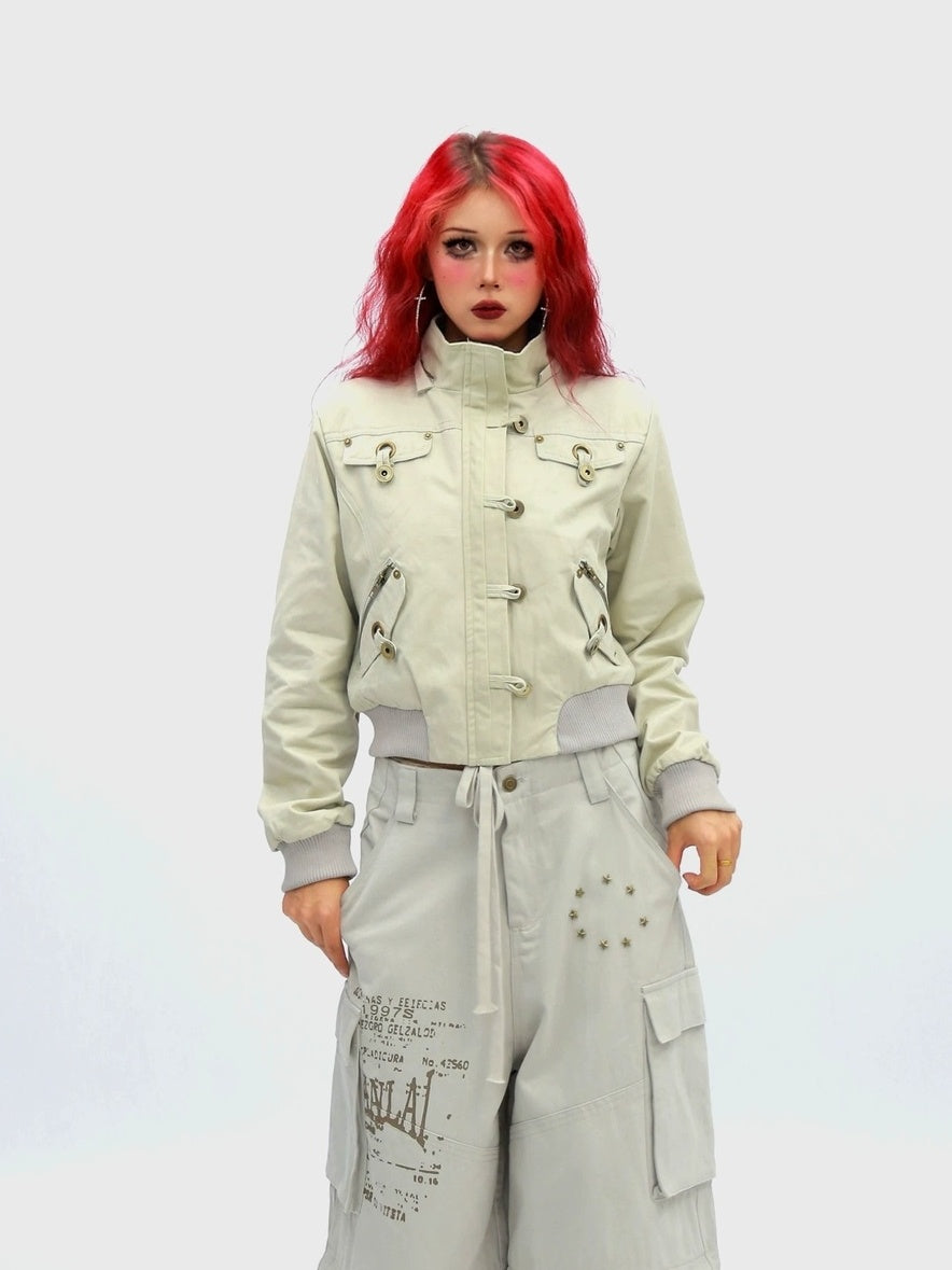 NANAICHILLI Detachable Hood Cropped Cotton Button Front Edgy Sexy Dark Night Utility Jacket