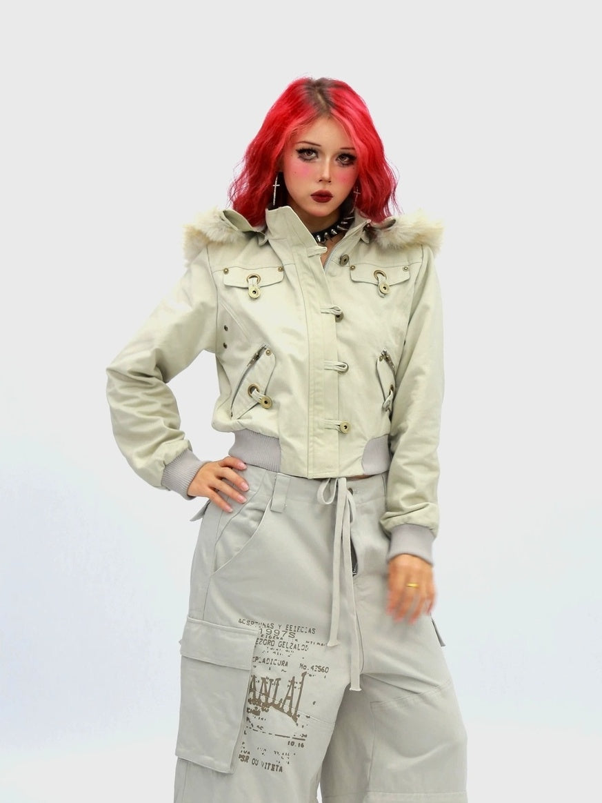 NANAICHILLI Detachable Hood Cropped Cotton Button Front Edgy Sexy Dark Night Utility Jacket