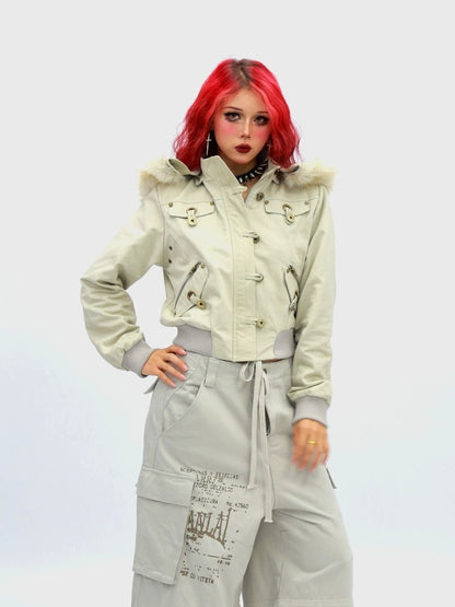 NANAICHILLI Detachable Hood Cropped Cotton Button Front Edgy Sexy Dark Night Utility Jacket