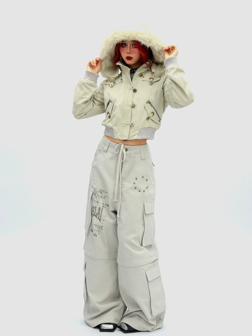 NANAICHILLI Detachable Hood Cropped Cotton Button Front Edgy Sexy Dark Night Utility Jacket