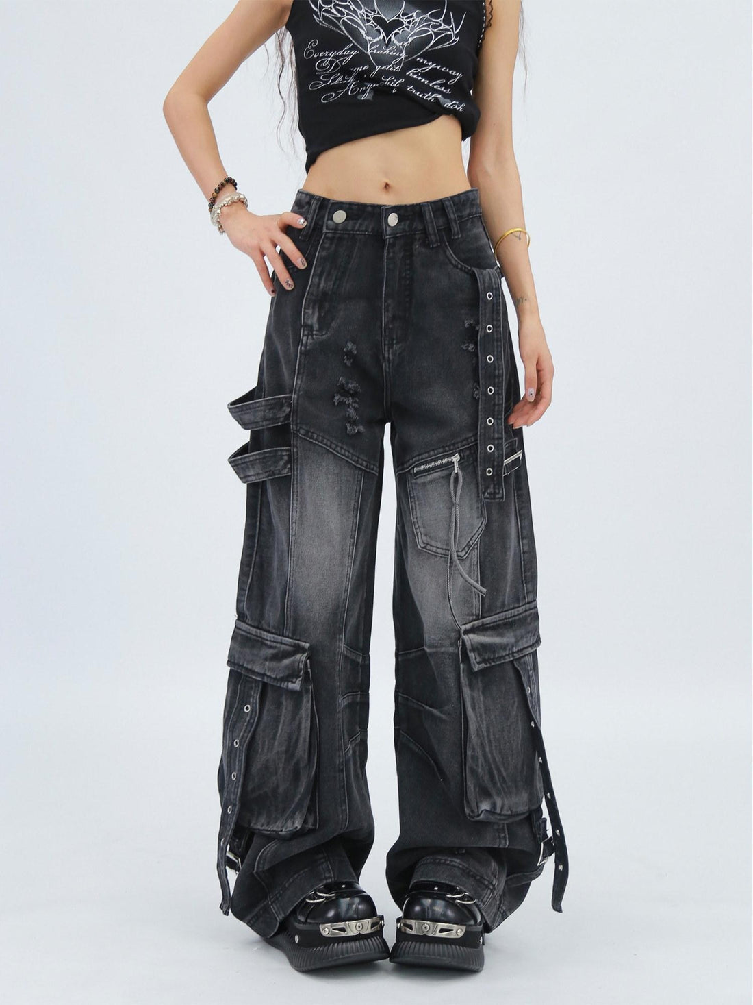 NANAICHILLI Durable Vintage Washed Wide Leg Natural Waist Youth Casual Black Blue Jeans