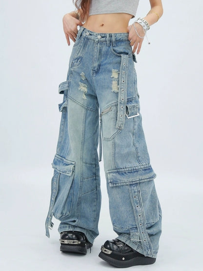 NANAICHILLI Durable Vintage Washed Wide Leg Natural Waist Youth Casual Black Blue Jeans