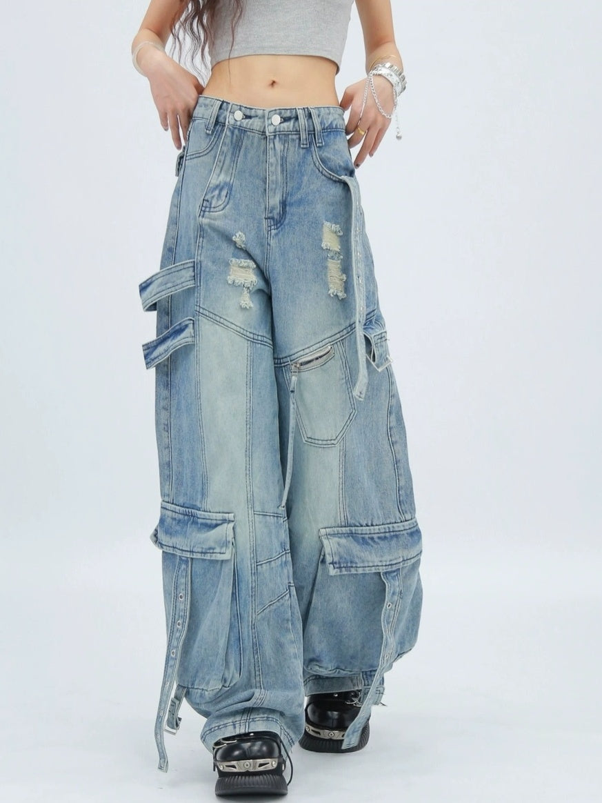 NANAICHILLI Durable Vintage Washed Wide Leg Natural Waist Youth Casual Black Blue Jeans