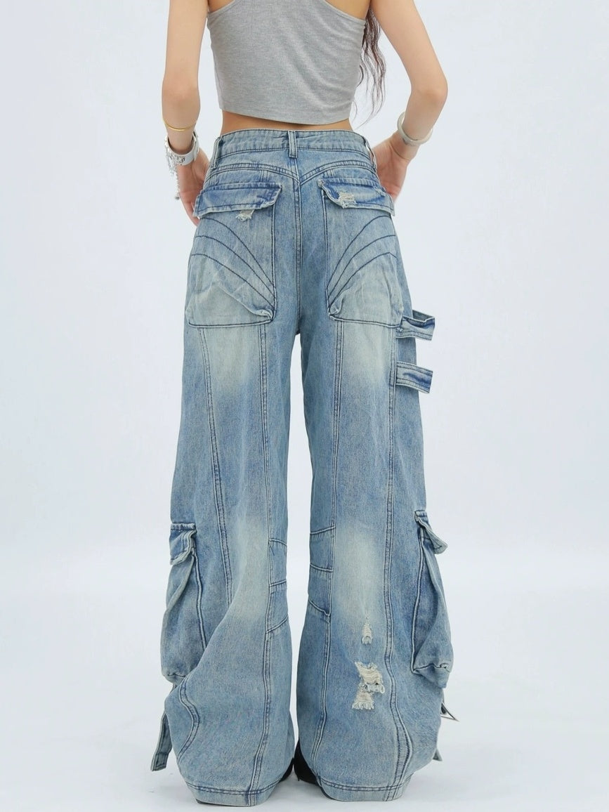 NANAICHILLI Durable Vintage Washed Wide Leg Natural Waist Youth Casual Black Blue Jeans