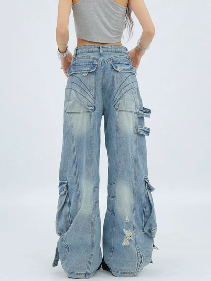 NANAICHILLI Durable Vintage Washed Wide Leg Natural Waist Youth Casual Black Blue Jeans