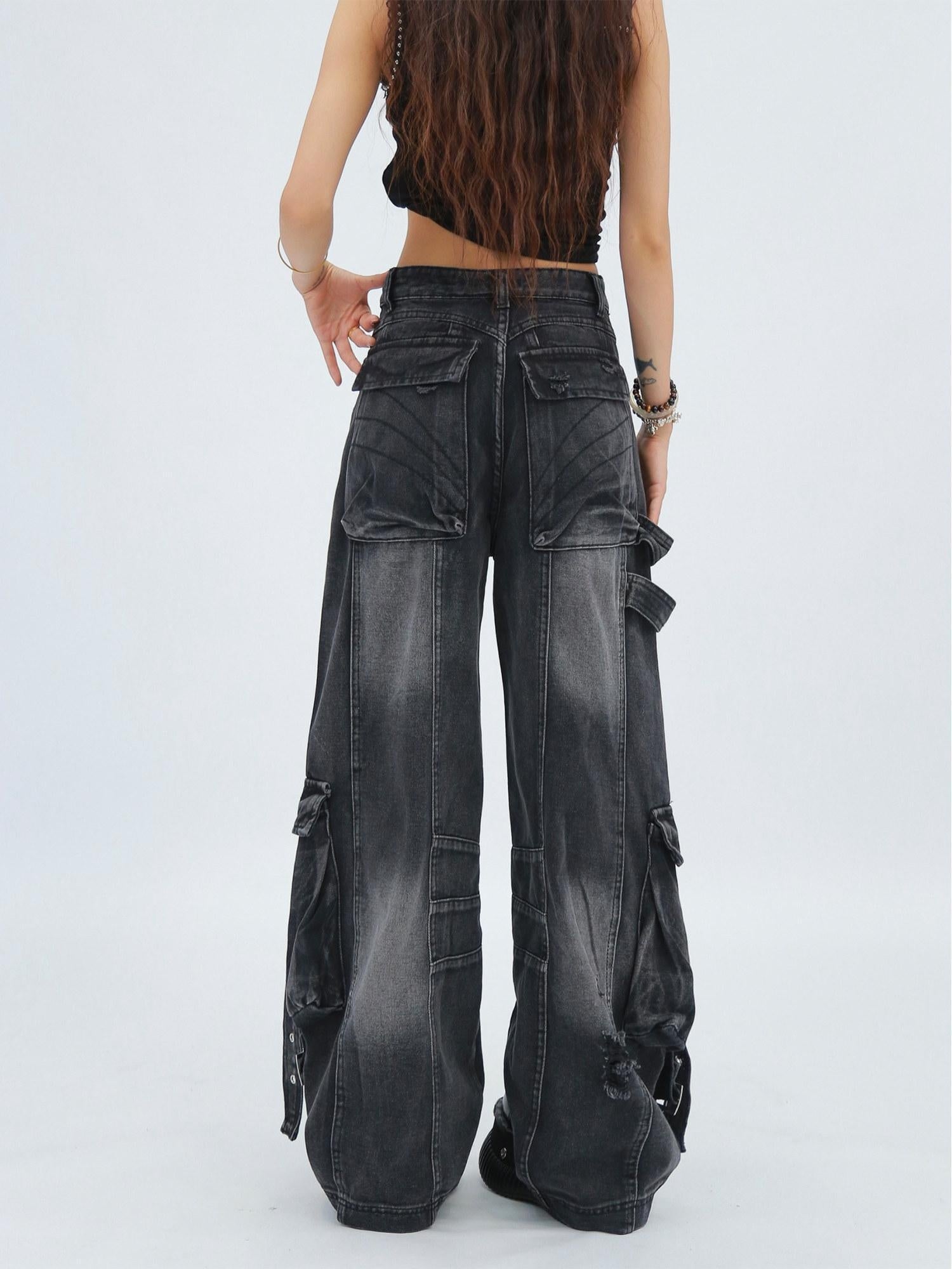 NANAICHILLI Durable Vintage Washed Wide Leg Natural Waist Youth Casual Black Blue Jeans