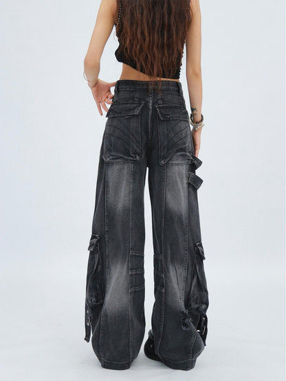 NANAICHILLI Durable Vintage Washed Wide Leg Natural Waist Youth Casual Black Blue Jeans