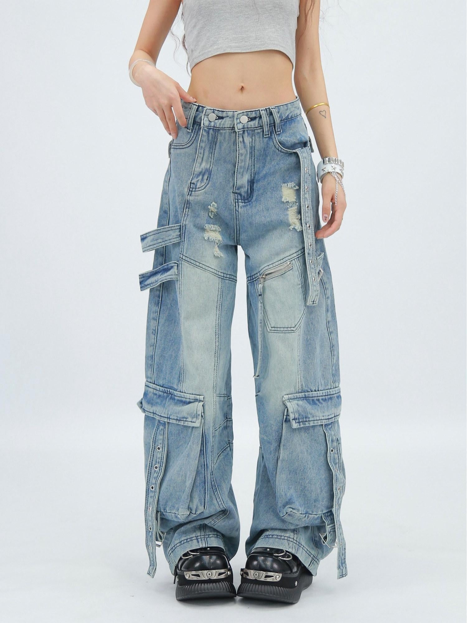 NANAICHILLI Durable Vintage Washed Wide Leg Natural Waist Youth Casual Black Blue Jeans