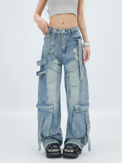 NANAICHILLI Durable Vintage Washed Wide Leg Natural Waist Youth Casual Black Blue Jeans