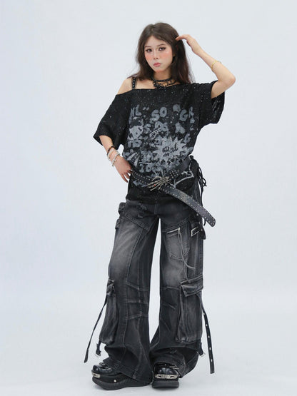 NANAICHILLI Durable Vintage Washed Wide Leg Natural Waist Youth Casual Black Blue Jeans