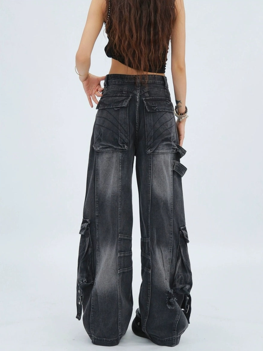 NANAICHILLI Durable Vintage Washed Wide Leg Natural Waist Youth Casual Black Blue Jeans