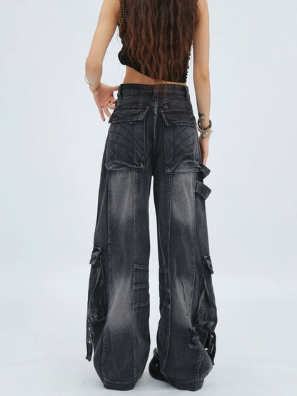 NANAICHILLI Durable Vintage Washed Wide Leg Natural Waist Youth Casual Black Blue Jeans