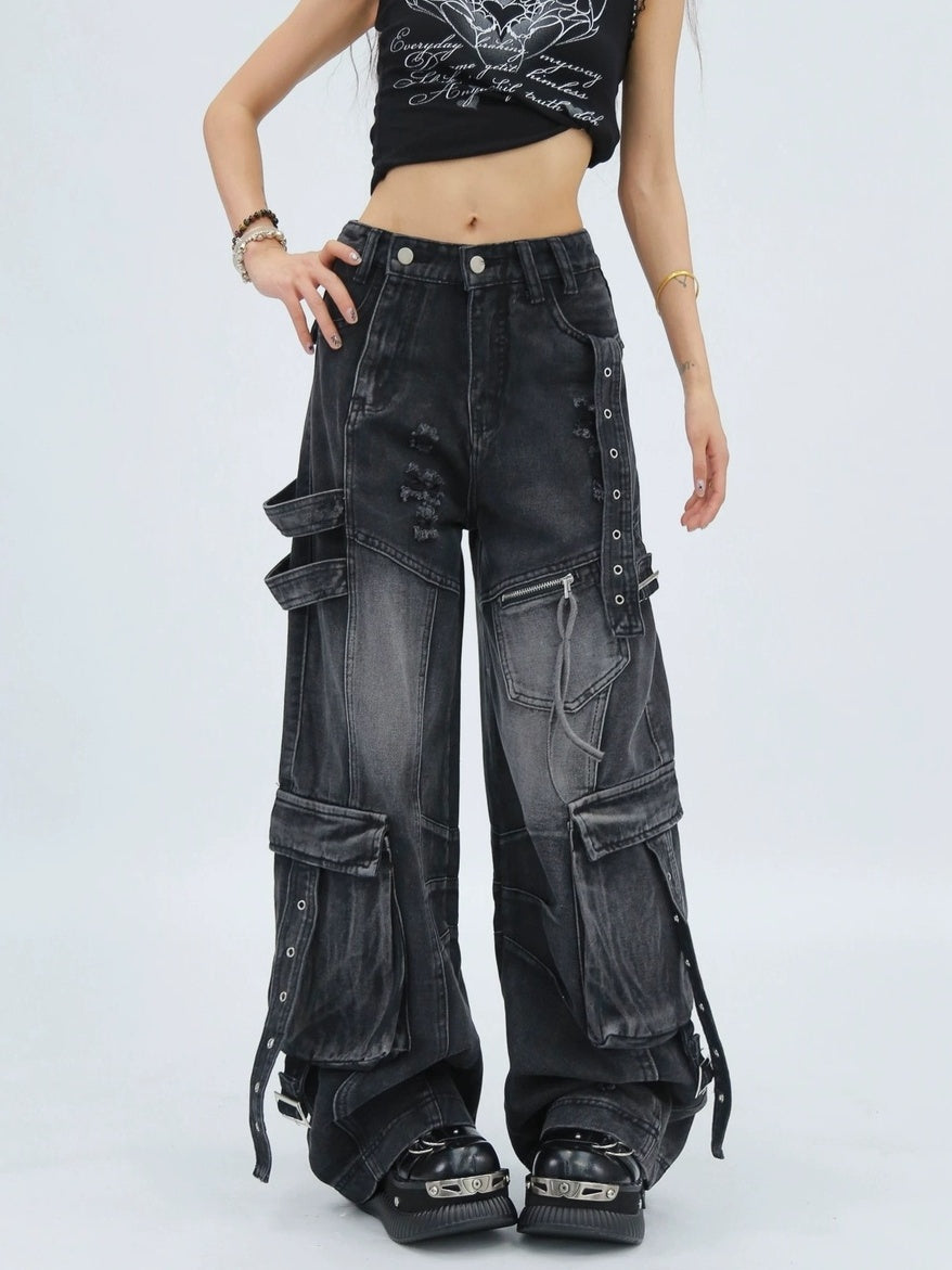 NANAICHILLI Durable Vintage Washed Wide Leg Natural Waist Youth Casual Black Blue Jeans