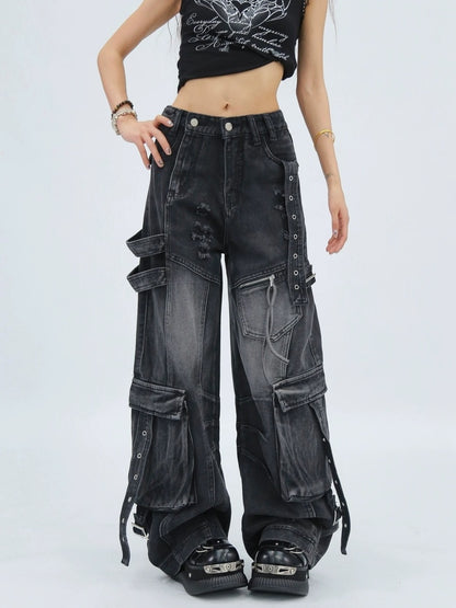 NANAICHILLI Durable Vintage Washed Wide Leg Natural Waist Youth Casual Black Blue Jeans