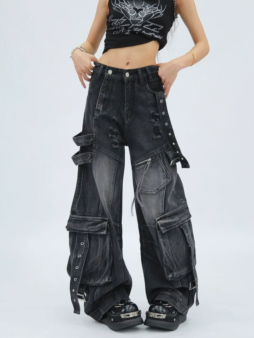 NANAICHILLI Durable Vintage Washed Wide Leg Natural Waist Youth Casual Black Blue Jeans