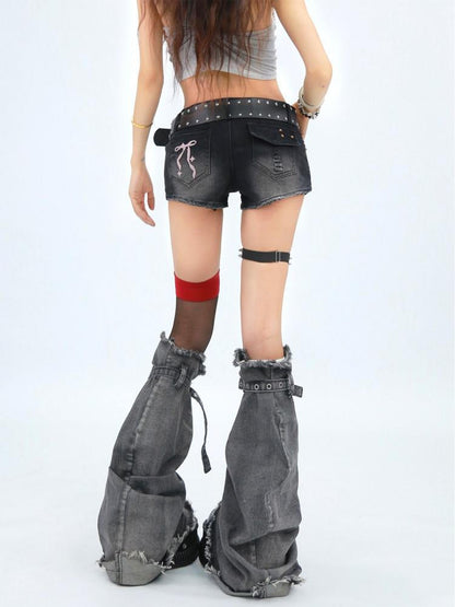 NANAICHILLI Durable Washed Embroidered Low Rise Slim Stretch Denim Skinny Shorts