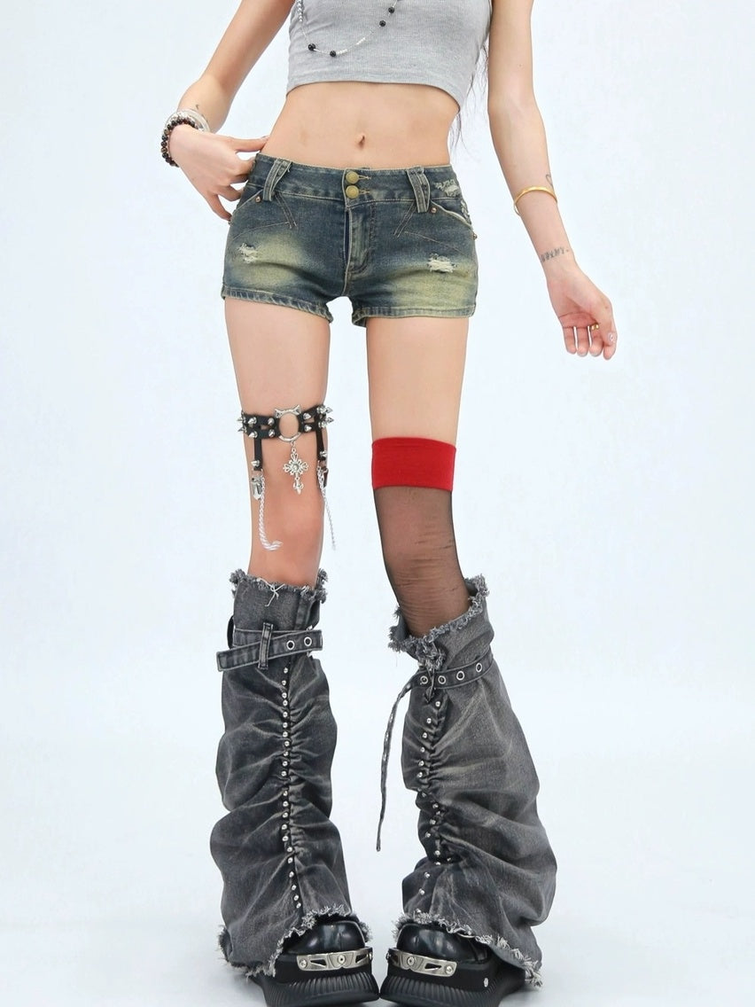 NANAICHILLI Durable Washed Embroidered Low Rise Slim Stretch Denim Skinny Shorts