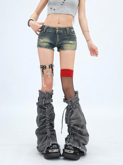 NANAICHILLI Durable Washed Embroidered Low Rise Slim Stretch Denim Skinny Shorts