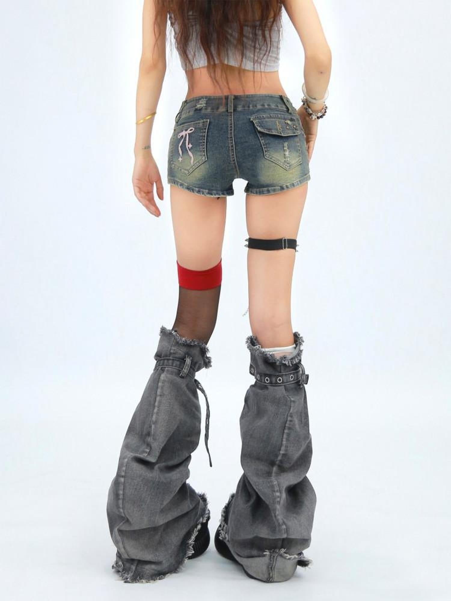 NANAICHILLI Durable Washed Embroidered Low Rise Slim Stretch Denim Skinny Shorts