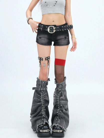 NANAICHILLI Durable Washed Embroidered Low Rise Slim Stretch Denim Skinny Shorts