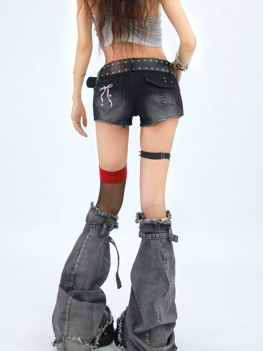 NANAICHILLI Durable Washed Embroidered Low Rise Slim Stretch Denim Skinny Shorts