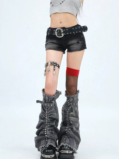 NANAICHILLI Durable Washed Embroidered Low Rise Slim Stretch Denim Skinny Shorts