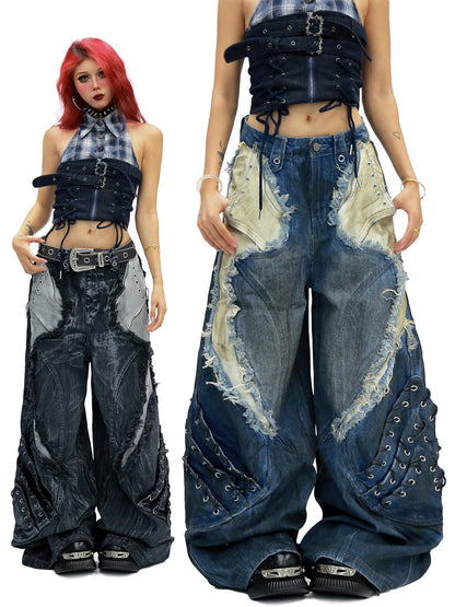 NANAICHILLI Durable Wasteland Distressed Relaxed Natural Waist Teen Cotton Tie Dye Jeans