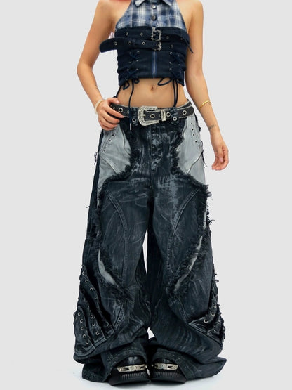 NANAICHILLI Durable Wasteland Distressed Relaxed Natural Waist Teen Cotton Tie Dye Jeans