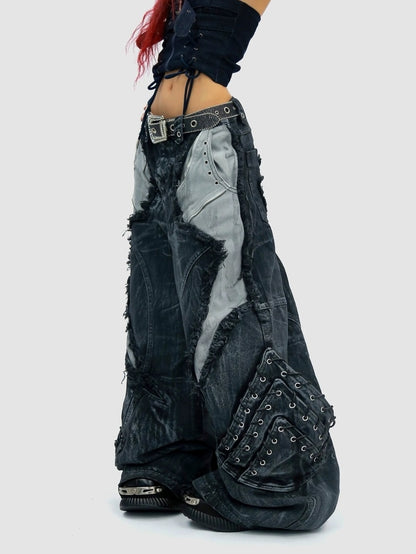 NANAICHILLI Durable Wasteland Distressed Relaxed Natural Waist Teen Cotton Tie Dye Jeans