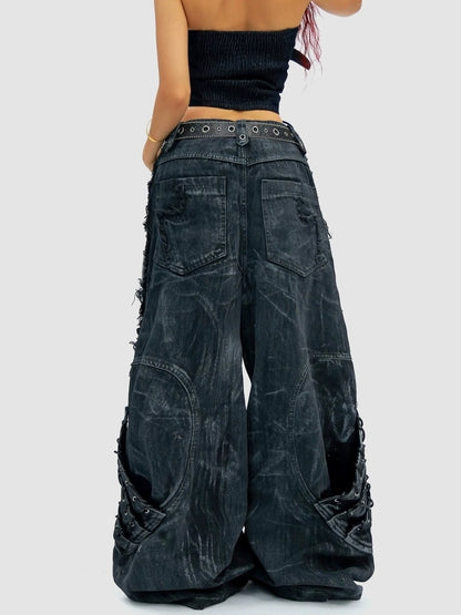 NANAICHILLI Durable Wasteland Distressed Relaxed Natural Waist Teen Cotton Tie Dye Jeans