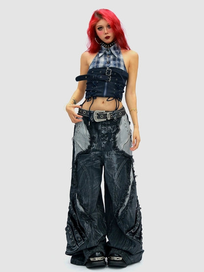 NANAICHILLI Durable Wasteland Distressed Relaxed Natural Waist Teen Cotton Tie Dye Jeans